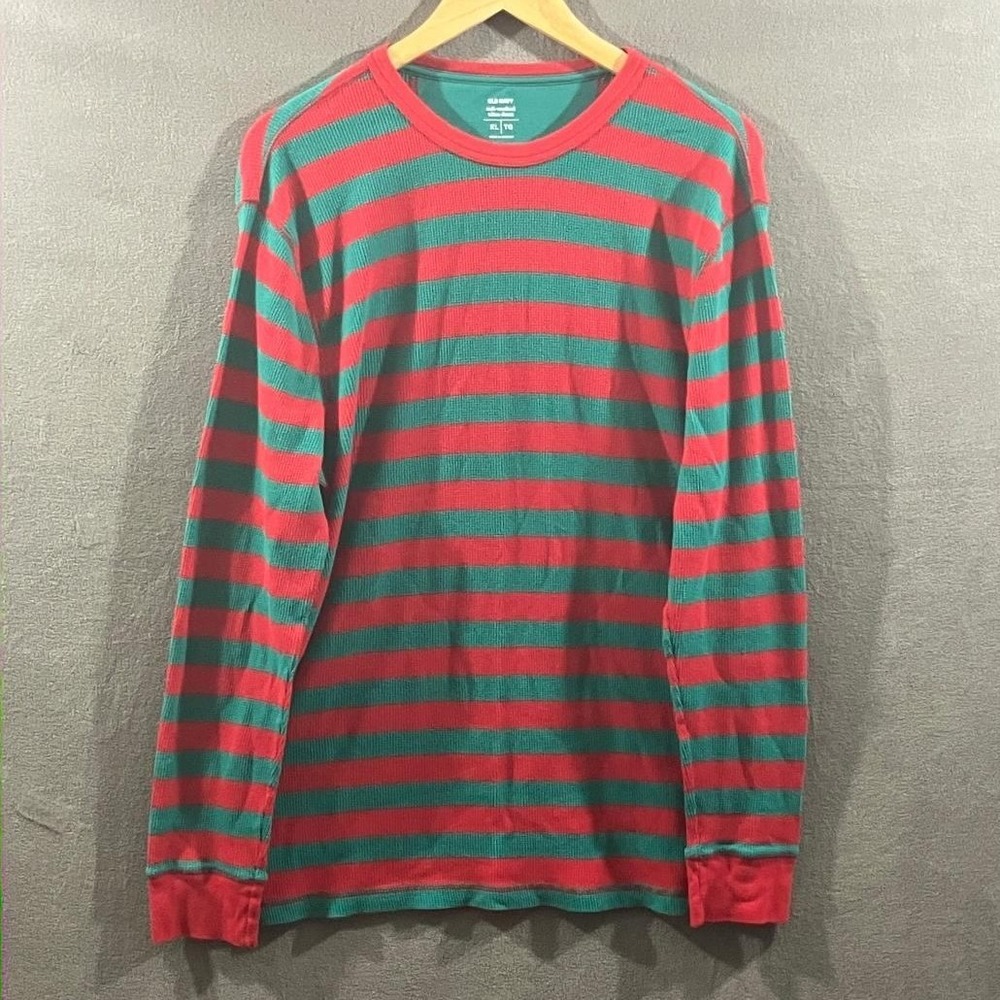 Old Navy Freddy Krueger Waffle Knit Thermal Striped Shirt Red Green Halloween XL